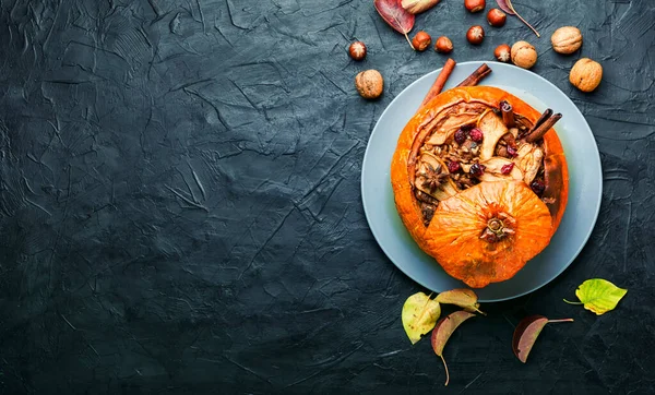 Citrouille Cuite Four Avec Granola Des Fruits Secs Dessert Automne — Photo