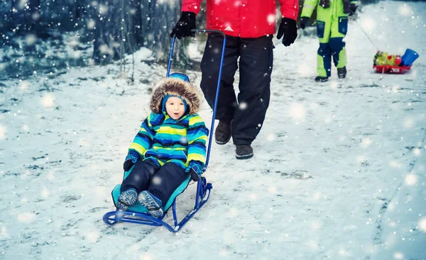 Otec Syny Kráčejícími Sněhu Děti Zimním Oblečení Hrají Sněhem Sáňkováním — Stock fotografie