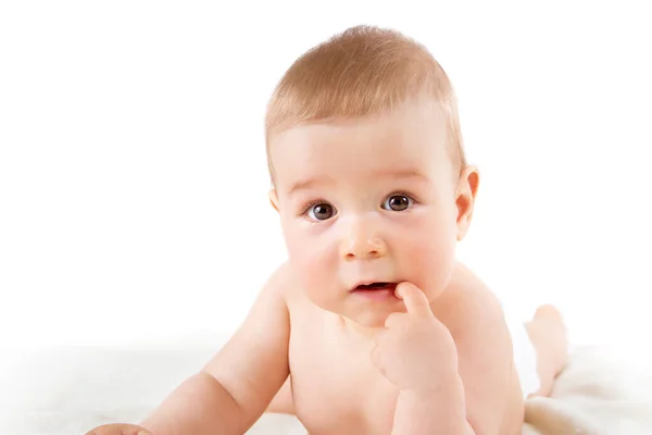 Beyaz Arka Planda Yumuşak Battaniye Var Yalan Izole Küçük Bebek Stok Resim