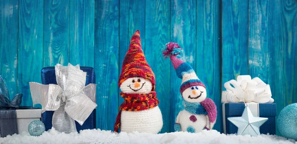 Sfondo Natale Con Pupazzo Neve Regali — Foto Stock