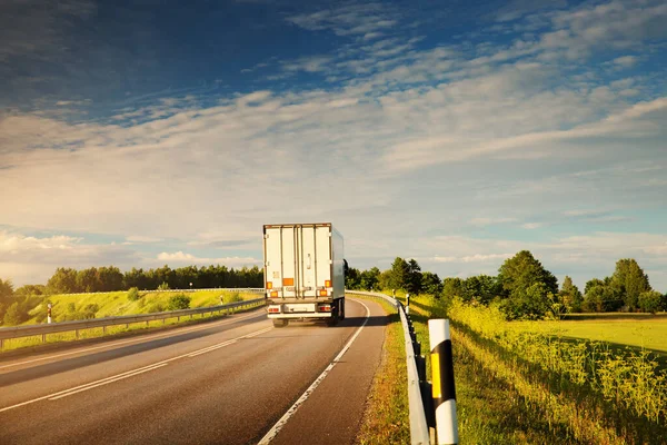 Strada Asfaltata Sul Campo Tarassaco Con Piccolo Camion Camion Movimento — Foto Stock