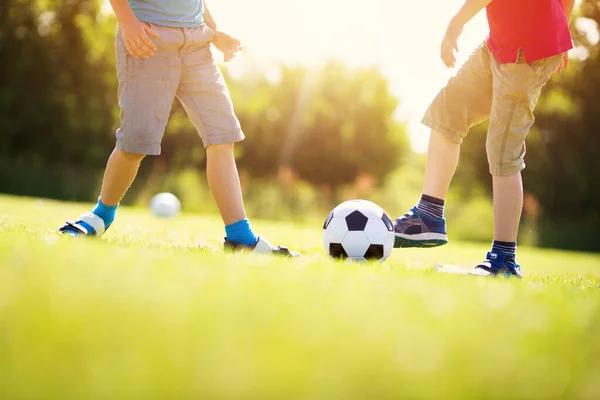 Boys Playing Football Field Gates Active Children Summer Ball — Stock Photo, Image