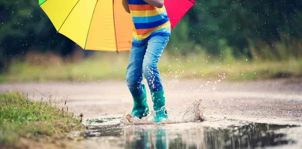 Child Walking Wellies Puddle Rainy Weather Boy Holding Colourful Umbrella — Stock Photo, Image