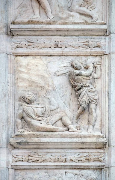 Abel Dödande Genesis Lättnad Portalen Saint Petronius Basilica Bologna Italien — Stockfoto