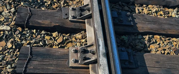Single Rail Part Railway Wooden Sleepers Gravel Also Visible Railway — Stock Photo, Image
