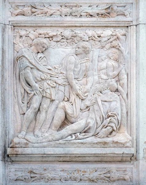 Ewolucja Noego Płaskorzeźba Portalu Bazyliki Piotra Bolonii Włochy — Zdjęcie stockowe