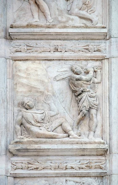 Uccisione Abele Rilievo Genesi Sul Portale Della Basilica San Petronio — Foto Stock