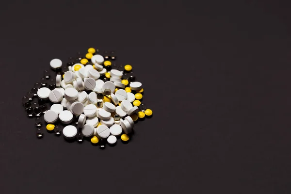 Medicines Spilling Out Dark Gray Background Top View Flat Lay — Stock Photo, Image