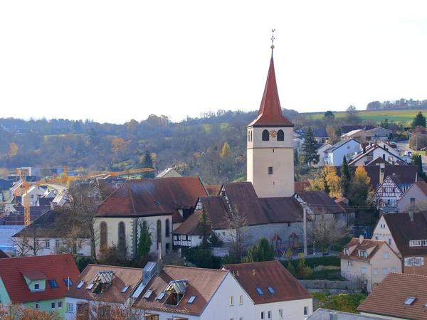 Vista Della Storica Torre Della Chiesa Nel Villaggio Weissach Nel — Foto Stock