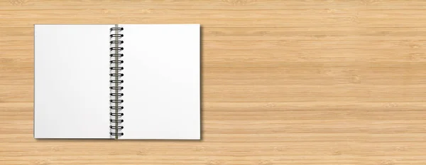 Blanco Open Spiraal Notebook Mockup Geïsoleerd Houten Horizontale Banner — Stockfoto