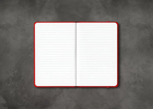 Mockup Notebook Rosso Aperto Foderato Isolato Sfondo Cemento Scuro — Foto Stock