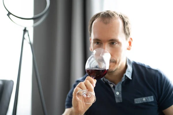 自宅でビデオ会議でワインを飲む男 — ストック写真