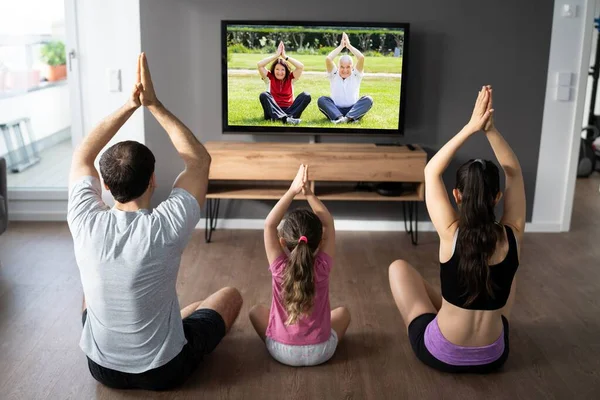 Family Doing Yoga Meditation Online Class Home — Stock Photo, Image