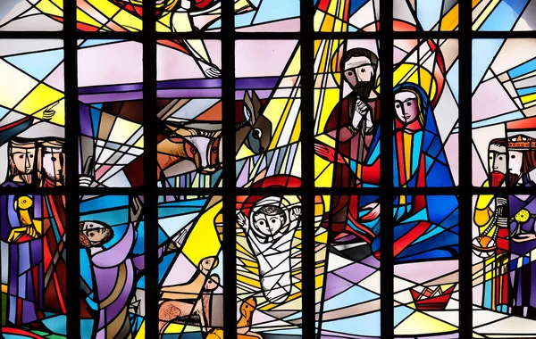 Födelsekyrkan Målat Glasfönster Sankt Lawrence Kyrka Kleinostheim Tyskland — Stockfoto