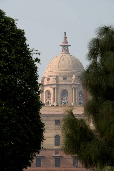 新德里议会大厦中央穹顶的特写 通过树叶观看 — 图库照片