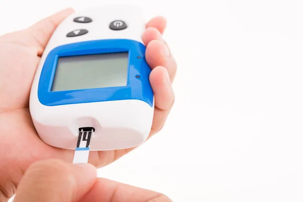 Closeup Hands Woman Measuring Glucose Test Level Checking Finger Glucometer — Stock Photo, Image