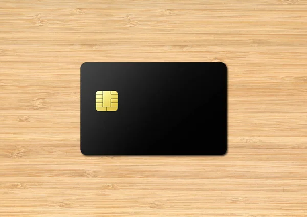 木製の背景に黒のクレジットカードテンプレート 3Dイラスト — ストック写真