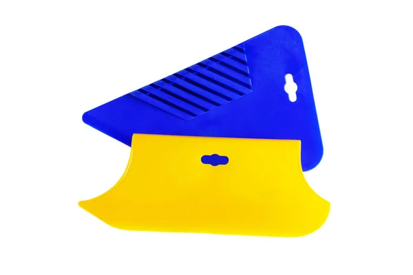 Spatule Plastique Jaune Bleu Pour Papier Peint Gros Plan Isolé — Photo