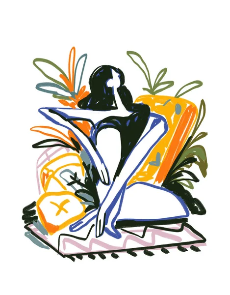 Abstract Woman Sentado Casa Com Travesseiro Planta Pintura Expressionista Abstrata — Fotografia de Stock