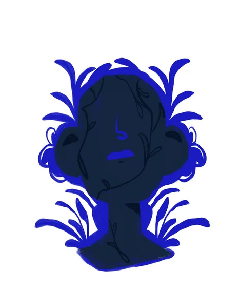 Иллюстрация Черного Безликого Портрета Голубым Растением Цветочной Татуировкой Лице Монохроматическая — стоковое фото