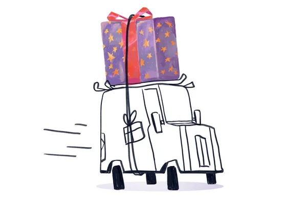 Levering Kerstcadeau Vrachtwagen Tekening Lijn Met Kleur Cadeau Clip Art — Stockfoto