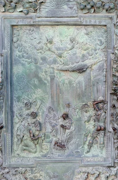 Tillbedjan Herdarna Detalj Bronsdörren Till Vänster Katedralen Mary Antagandet Pisa — Stockfoto