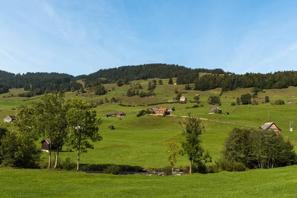 Пейзаж Тоггенбурге Зелеными Пастбищами Фермерскими Домами Кантон Санкт Галлен Швейцария — стоковое фото