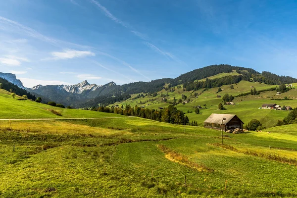 牧草地や農家 山の頂上と風景背景にスピーター トッゲンブルク カントンセントガレン スイス — ストック写真