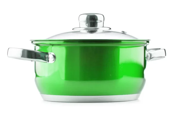 Zöld Pot Fedéllel Elszigetelt Fehér Háttér — Stock Fotó