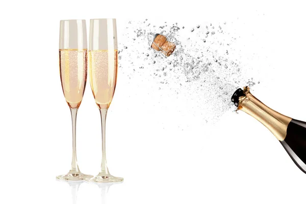 Bouteille Champagne Avec Paillettes Scintillantes Confettis Dorés Sur Fond Blanc — Photo