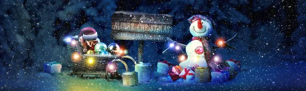 Happy Snowman Standing Winter Christmas Landscape — Stock Photo, Image