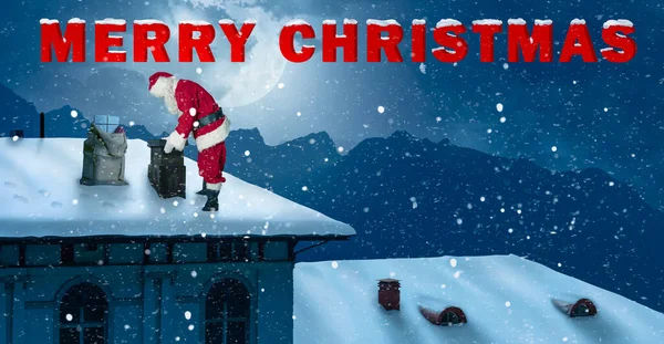 Christmas Greeting Card Santa Claus Roof Looking Chimney — Stock Photo, Image