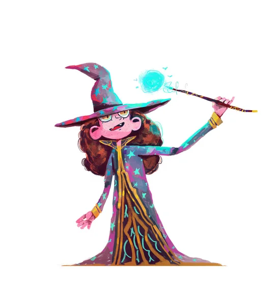 Happy Girl Wizard Illustration Personnage Dessin Animé Sorcière Sorcière Avec — Photo