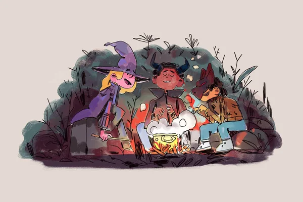 Drie Kinderen Halloween Event Speelt Nachts Heksen Monsters Het Bos — Stockfoto