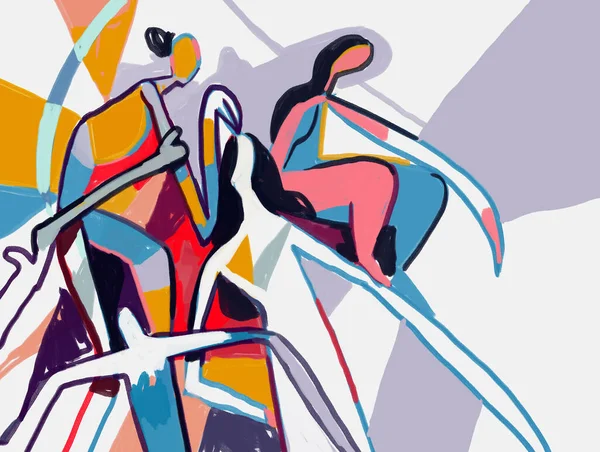 Group of Abstract Woman Chill. Cubism and Expressionism Painting. Mondrian and keith haring vibe. Contemporary art. illustration for print, poster and canvas