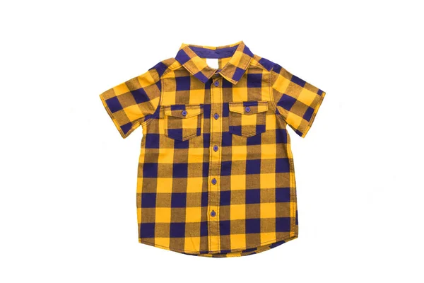 Roupas Infantis Camisa Xadrez Azul Amarelo Elegante Com Mangas Curtas — Fotografia de Stock