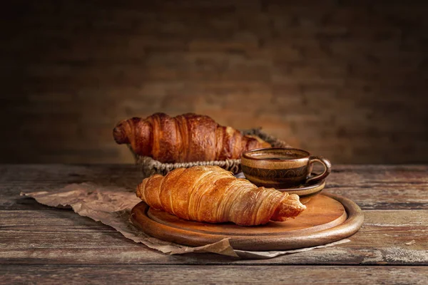 Fresh Croissants Breakfast Served Cup Coffee Rustic Wooden Background — Stock Photo, Image