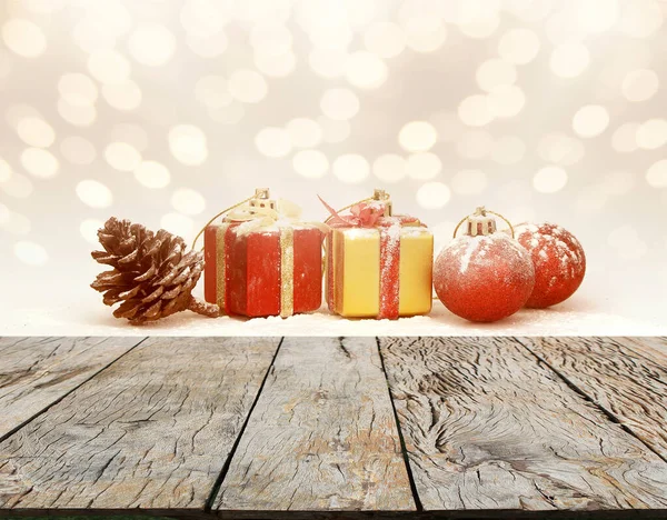 Christmas Holiday Background Box Ball Decorations Wooden Table Red Golden — Stock Photo, Image