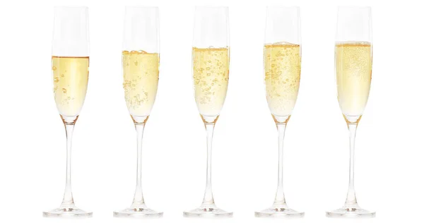 Due Bicchieri Champagne Con Bicchiere Vino Isolato Sfondo Bianco — Foto Stock