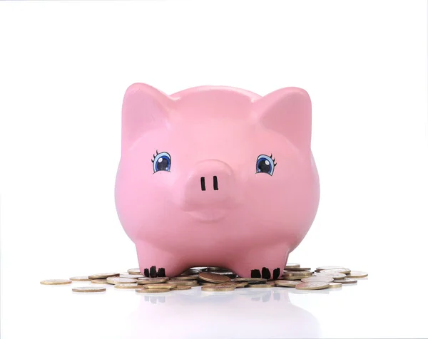 Piggy Bank Met Munten Geld Geïsoleerd Witte Achtergrond — Stockfoto