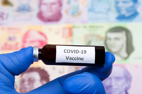 Vacina Contra Covid Contexto Dinheiro Mexicano Peso — Fotografia de Stock
