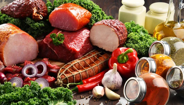 Variety Meat Products Including Ham Sausages Stock Image