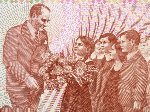 Mustafa Kemal Ataturk Children Portrait Turkish Money Lira — Stock Photo, Image