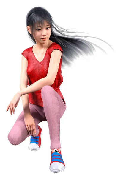 Renderelés Egy Csinos Ázsiai Tizenéves Lány Elszigetelt Fehér Háttér — Stock Fotó