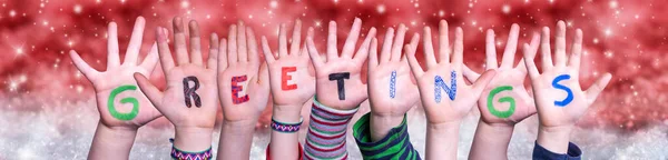 Children Hands Building Colful Czech Word Greetings Červené Zasněžené Vánoční — Stock fotografie