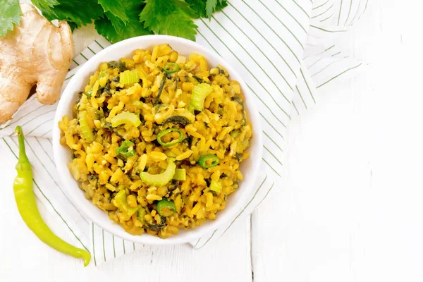 Indian National Dish Kichari Mung Bean Rice Stalk Celery Spinach — Stock Photo, Image