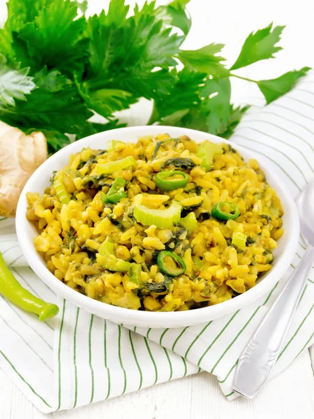 Indian National Dish Kichari Made Mung Bean Rice Stalk Celery — Stock Photo, Image