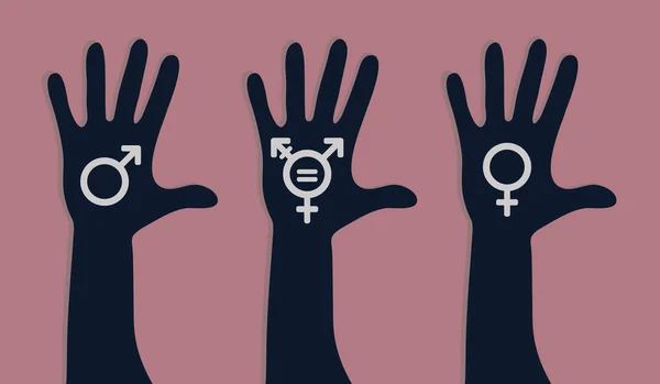 Three arm prints vector illustration with male, female and transgender signs. Human rights, gender equality symbols. Hand silhouettes on pink background, sex rights as metaphor of social issue.