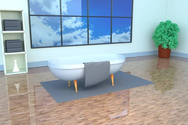 White Bathtub Big Window Rendering — Stock Photo, Image