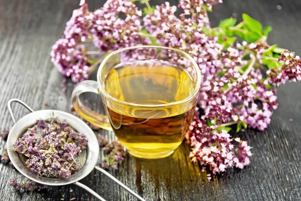 Oregano Herbal Tea Glass Cup Fresh Marjoram Flowers Metal Strainer Stock Photo